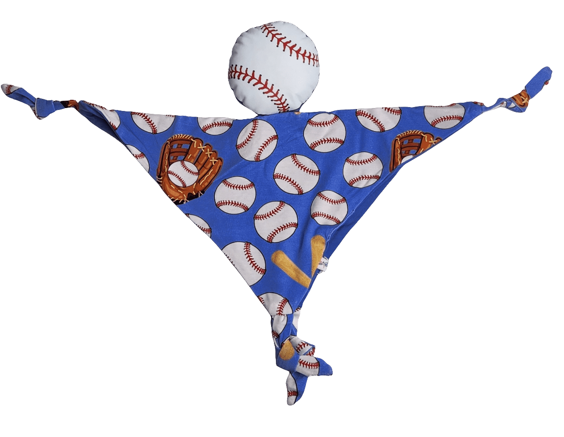 Soft baby lovey with a baseball design and knotted corners