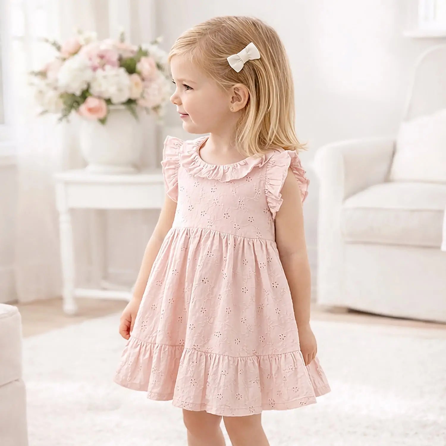 Tesa Babe Eyelet Girl's Cotton Dress for Special Occasions - Pink - 