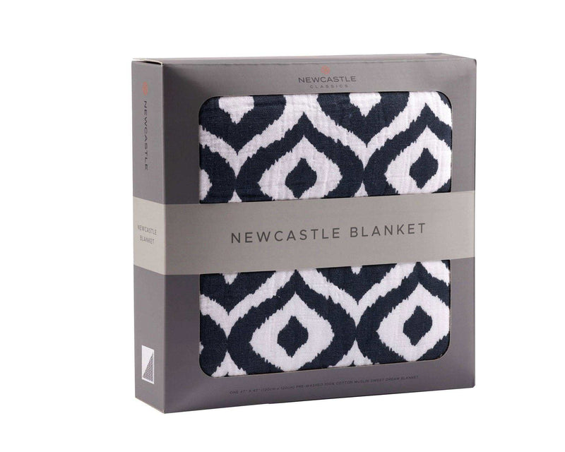 Newcastle Classics Moroccan Blue cotton muslin blanket in packaging.