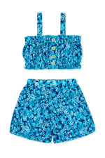 Toddler two-piece short set with a blue floral print top and matching shorts