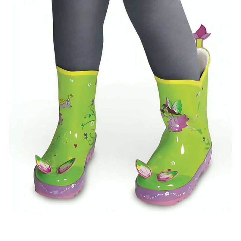 Kidorable Childrens Fairy Rain Boots in green with whimsical designs and flower heel tab.