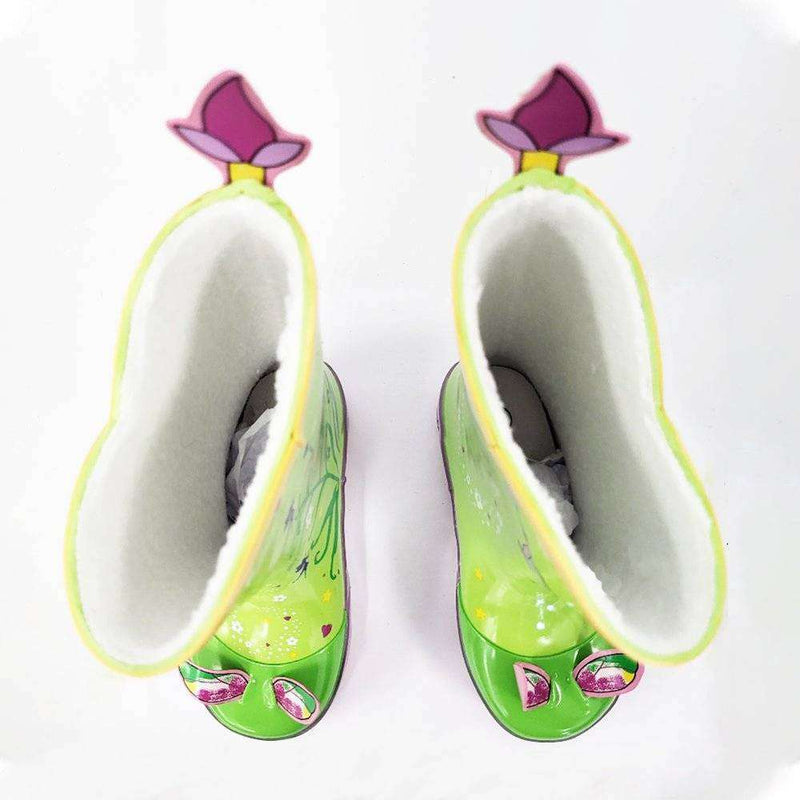 Kidorable Childrens Fairy Rain Boots in green with flower heel tabs and non-slip soles.