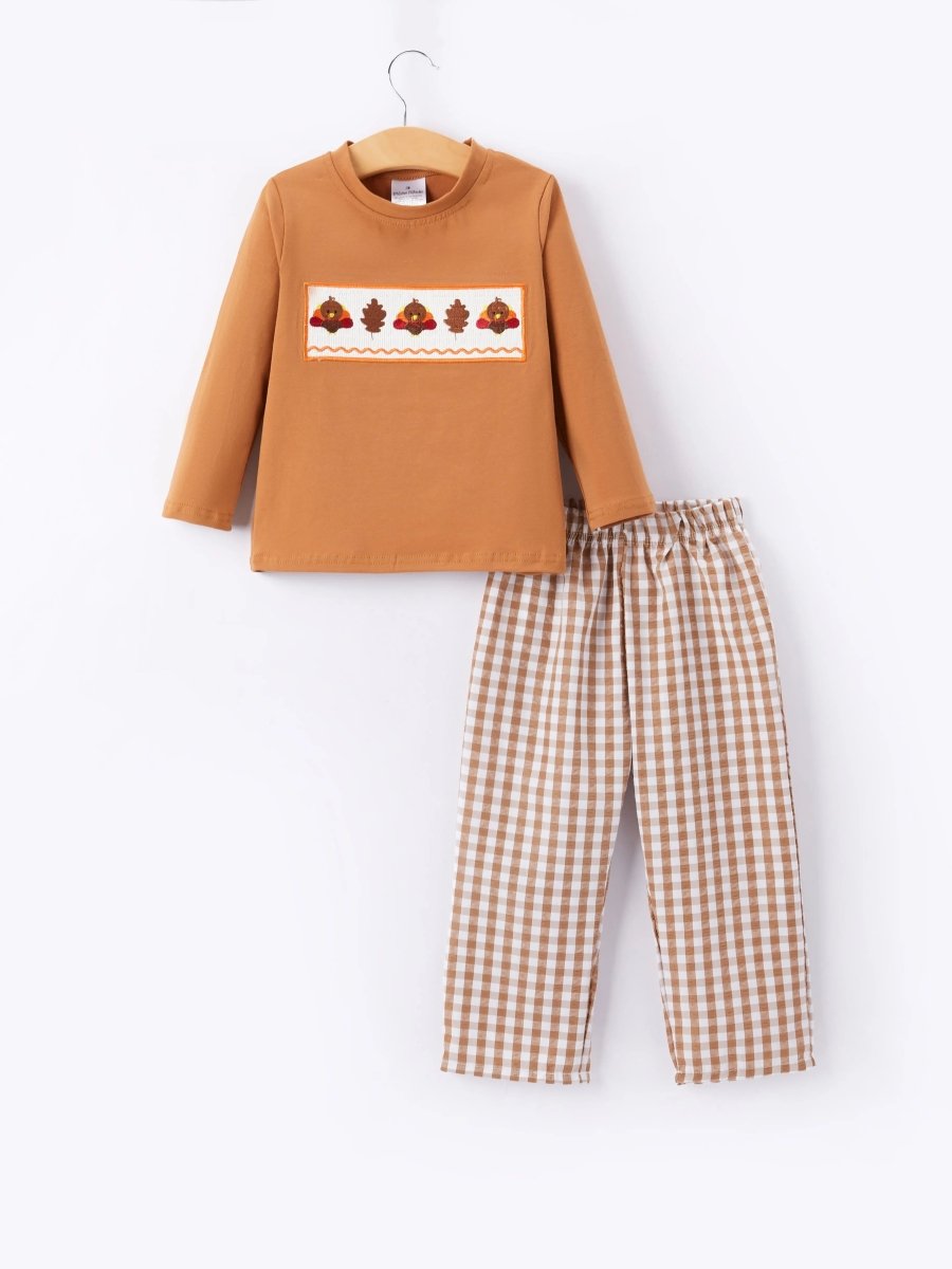 Rylee Faith Designs Fall Boys Thanksgiving Smocking Embroidered Brown Plaid Outfit Set - 