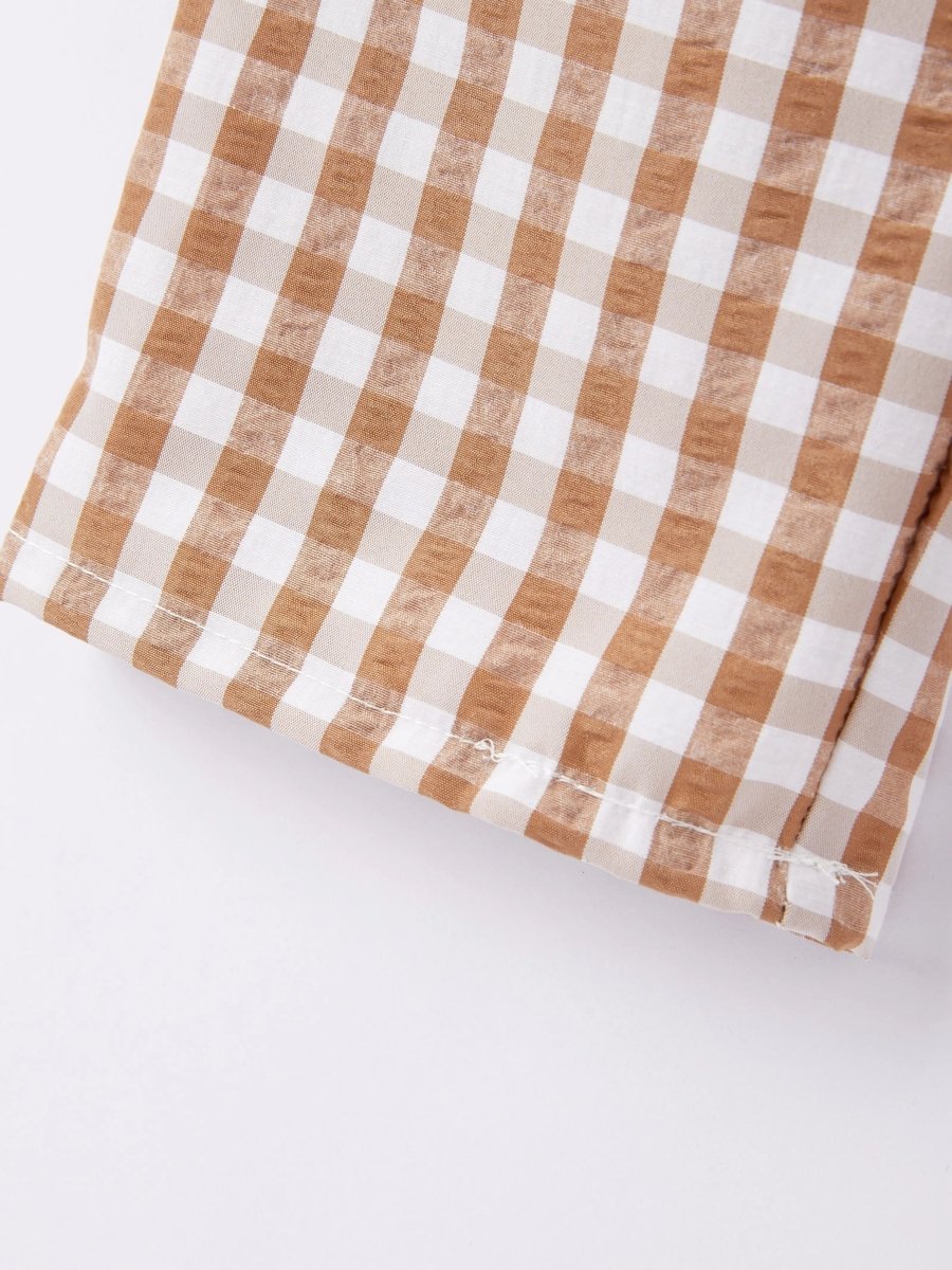 Rylee Faith Designs Fall Boys Thanksgiving Smocking Embroidered Brown Plaid Outfit Set - 