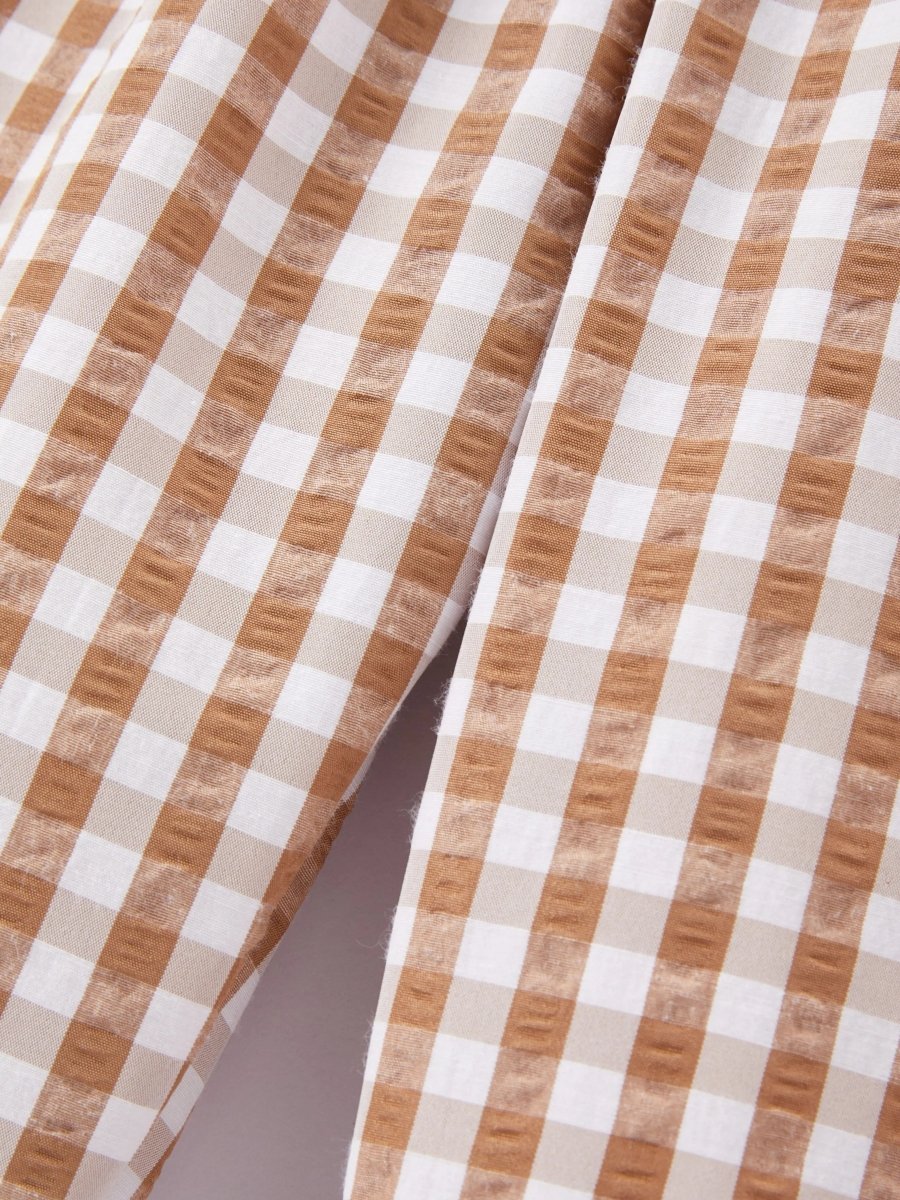 Rylee Faith Designs Fall Boys Thanksgiving Smocking Embroidered Brown Plaid Outfit Set - 