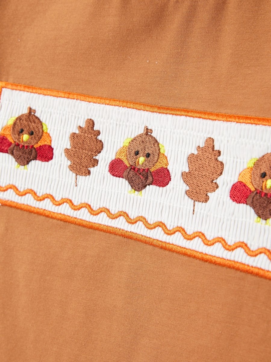 Rylee Faith Designs Fall Boys Thanksgiving Smocking Embroidered Brown Plaid Outfit Set - 