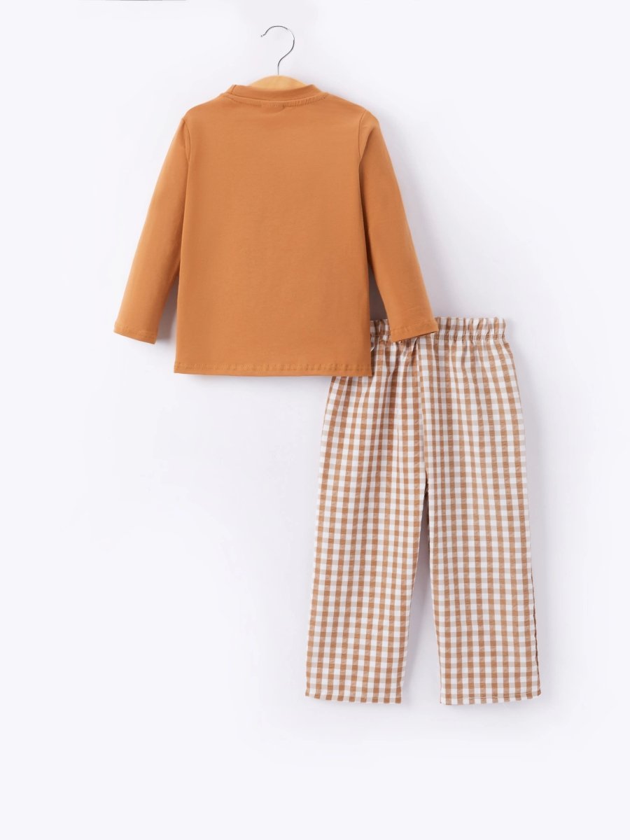 Rylee Faith Designs Fall Boys Thanksgiving Smocking Embroidered Brown Plaid Outfit Set - 