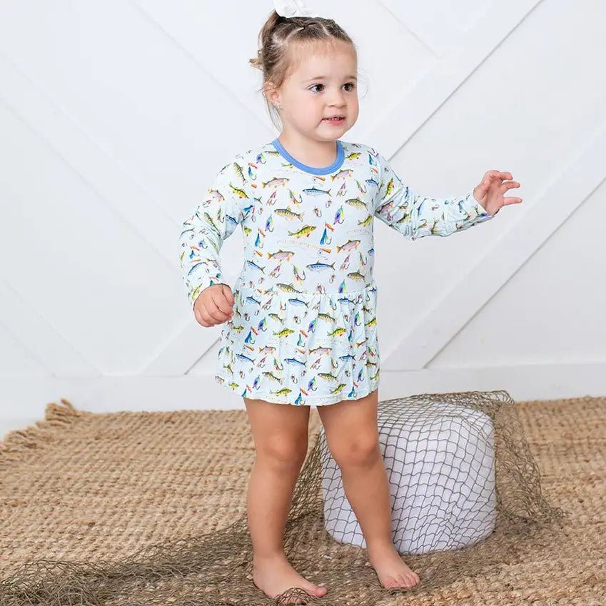 Bestaroo Fall Catch Bamboo Bodysuit Dress With Colorful Fish Print - 