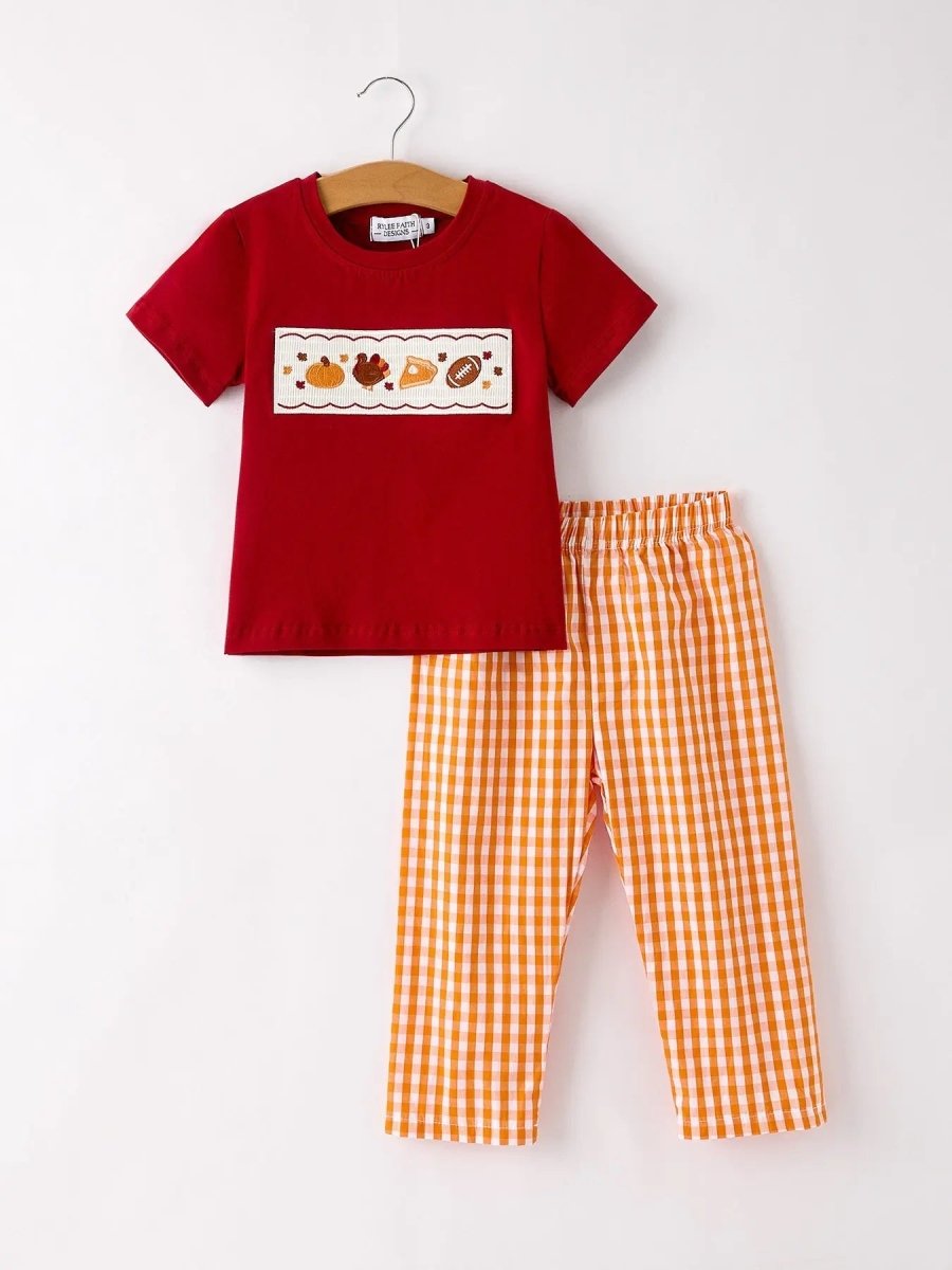 Rylee Faith Designs Fall Embroidered Boy Set Orange Checkered With Halloween Details - 