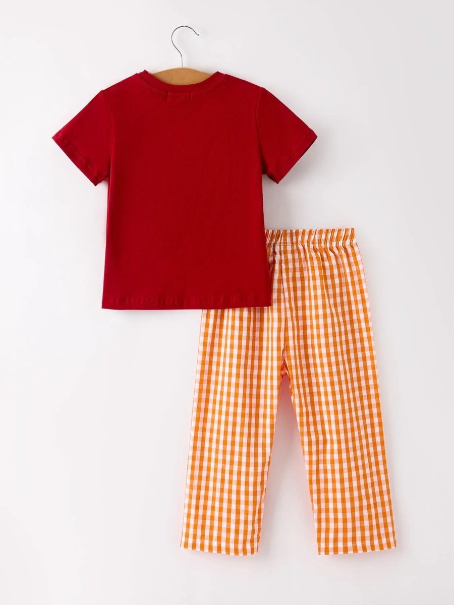 Rylee Faith Designs Fall Embroidered Boy Set Orange Checkered With Halloween Details - 