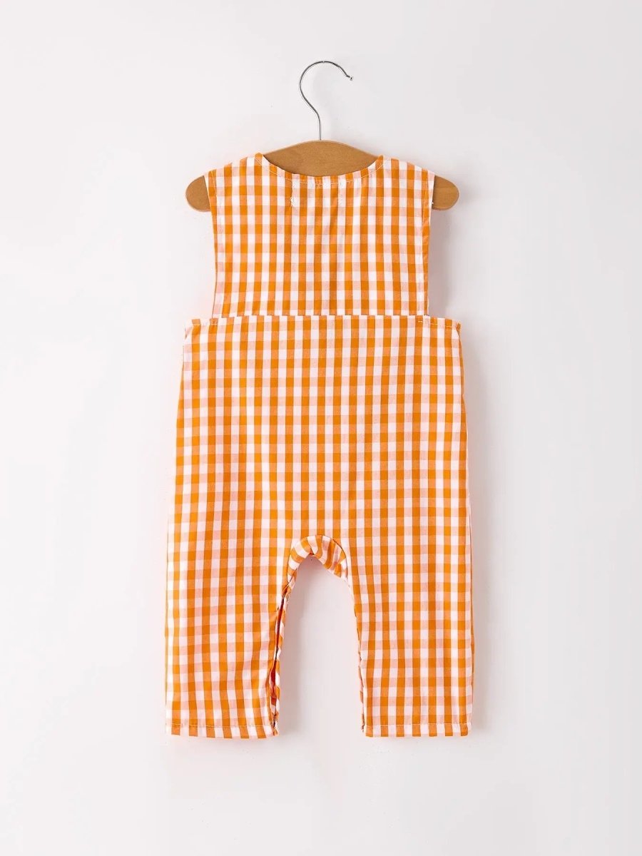 Rylee Faith Designs Fall Embroidered Romper for Baby Boys Orange Checkered with Halloween Details - 