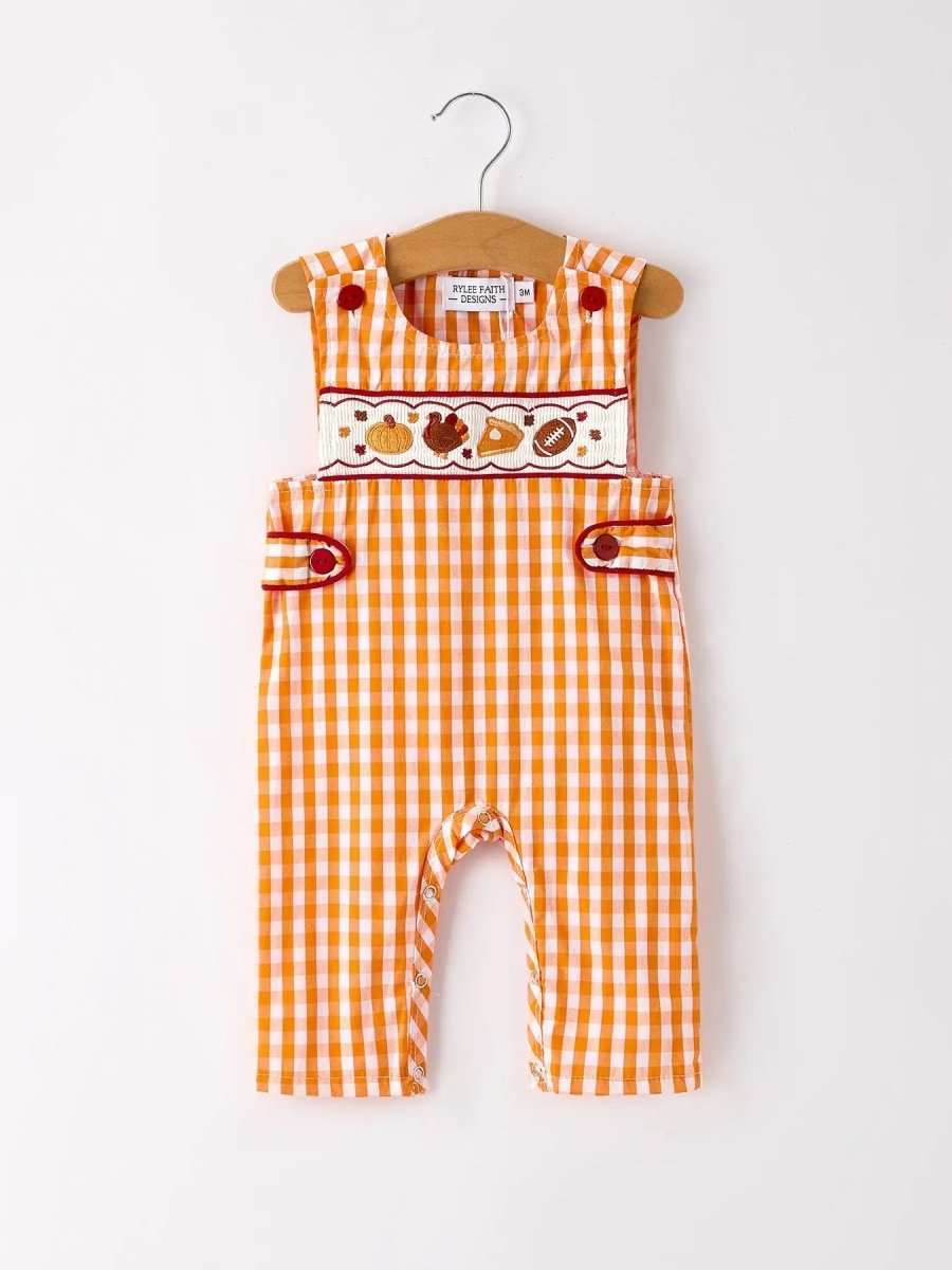Rylee Faith Designs Fall Embroidered Romper for Baby Boys Orange Checkered with Halloween Details - 