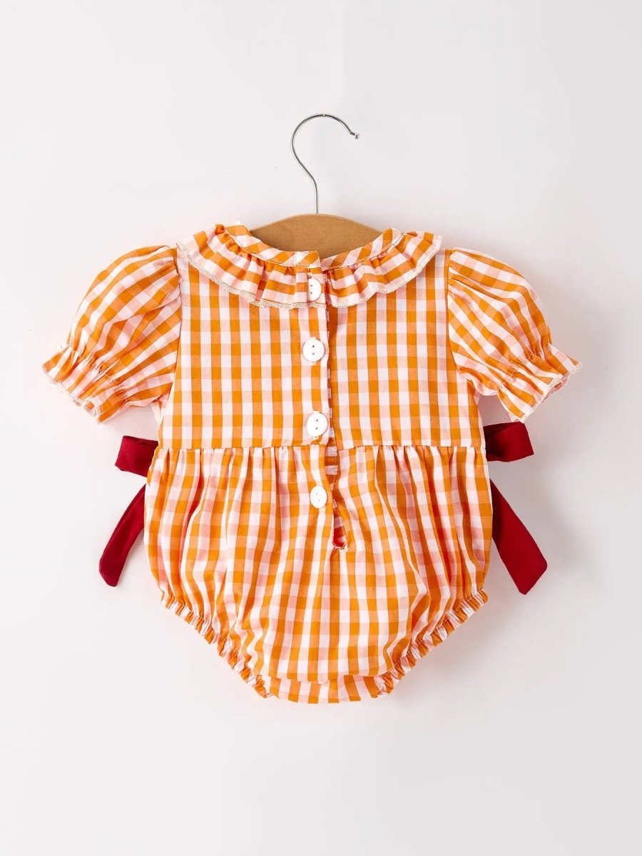 Rylee Faith Designs Fall Embroidered Romper for Baby Girls Orange Checkered with Halloween Details - 