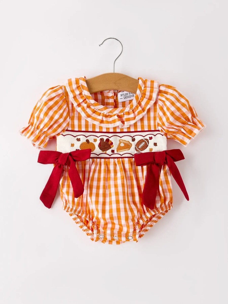Rylee Faith Designs Fall Embroidered Romper for Baby Girls Orange Checkered with Halloween Details - 