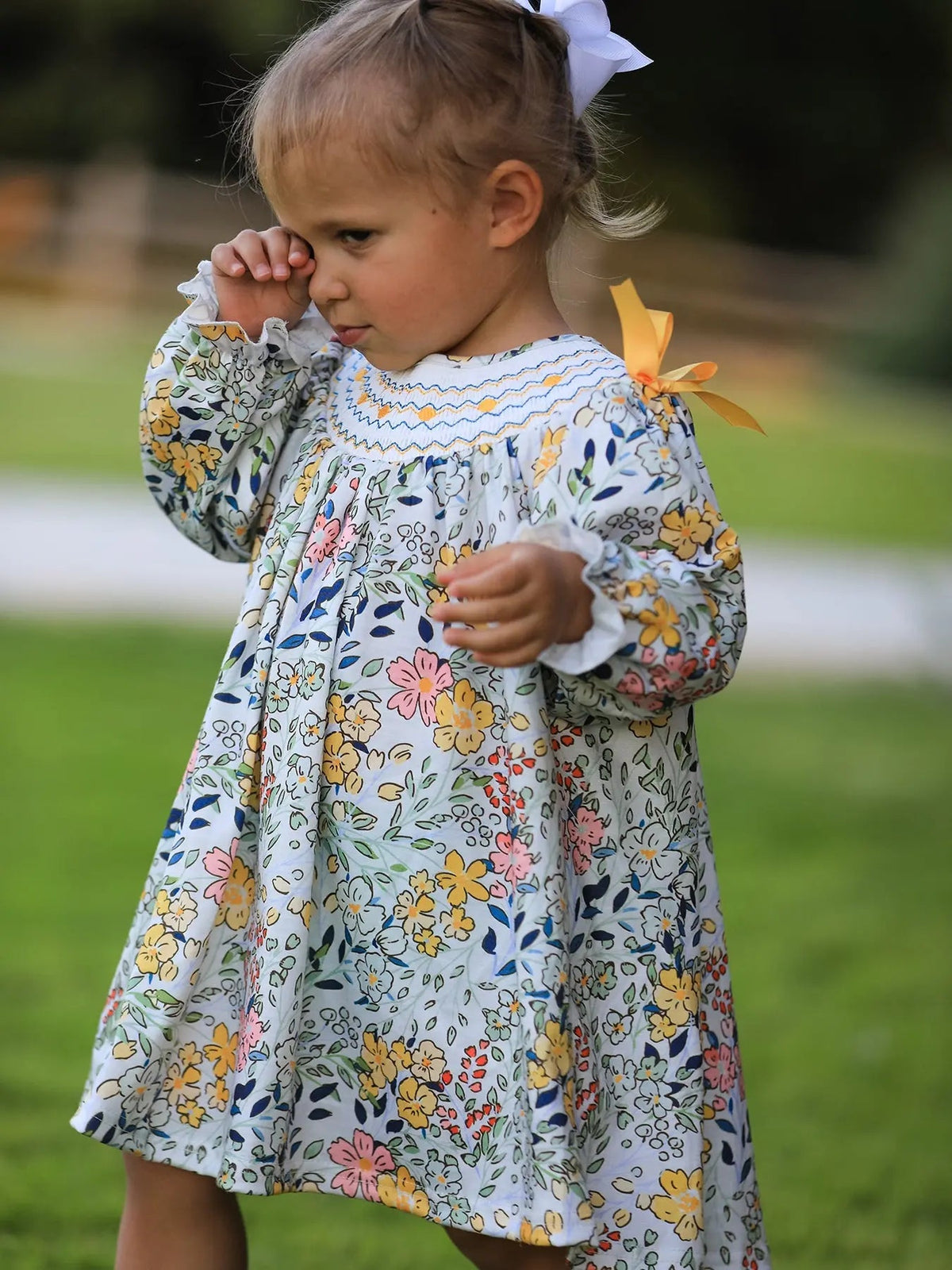 Rylee Faith Designs Fall Embroidery Smocking Bow Floral Leaf Baby Girls Dress - 