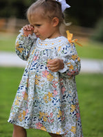Rylee Faith Designs Fall Embroidery Smocking Bow Floral Leaf Baby Girls Dress - 