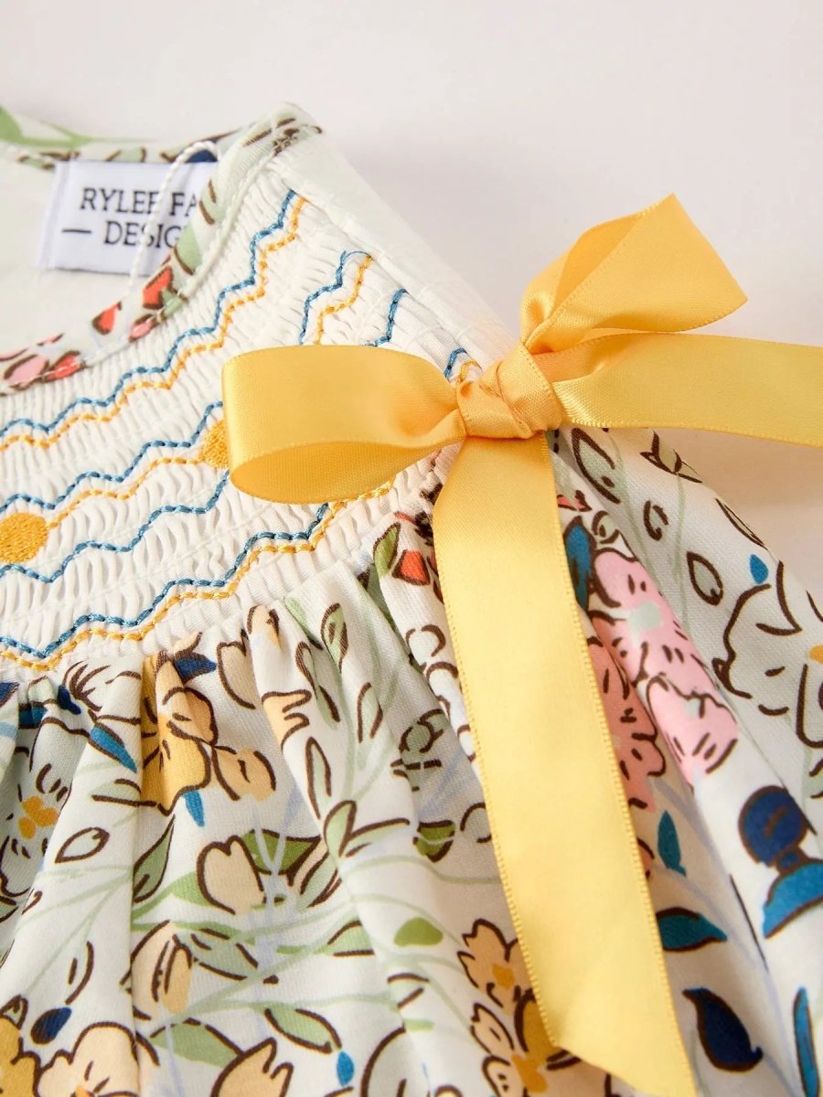 Rylee Faith Designs Fall Embroidery Smocking Bow Floral Leaf Baby Girls Dress - 