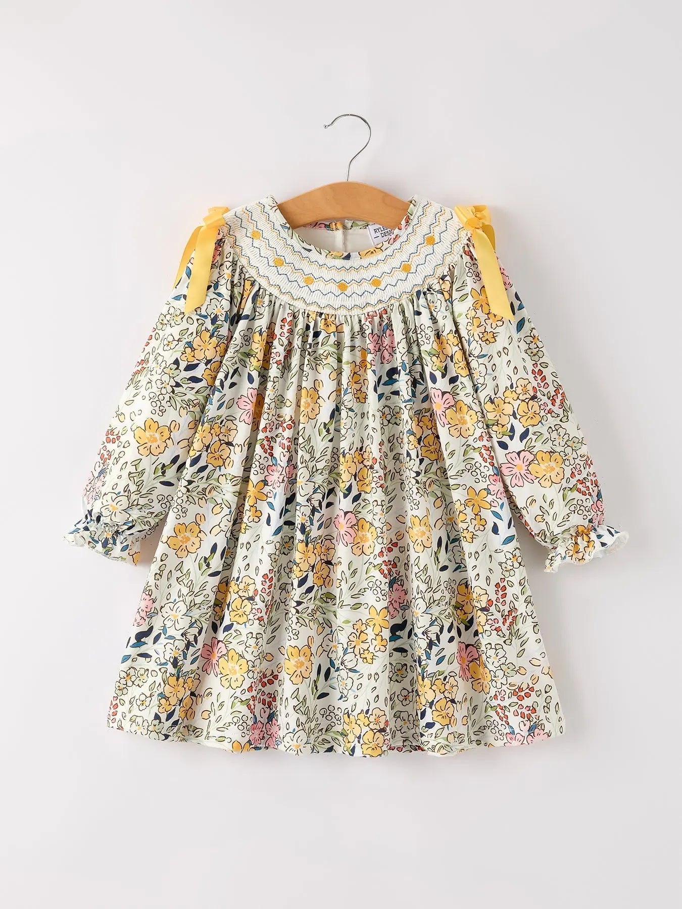 Rylee Faith Designs Fall Embroidery Smocking Bow Floral Leaf Baby Girls Dress - 