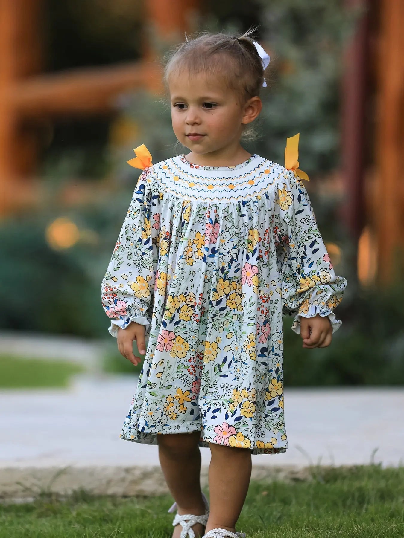 Rylee Faith Designs Fall Embroidery Smocking Bow Floral Leaf Baby Girls Dress - 