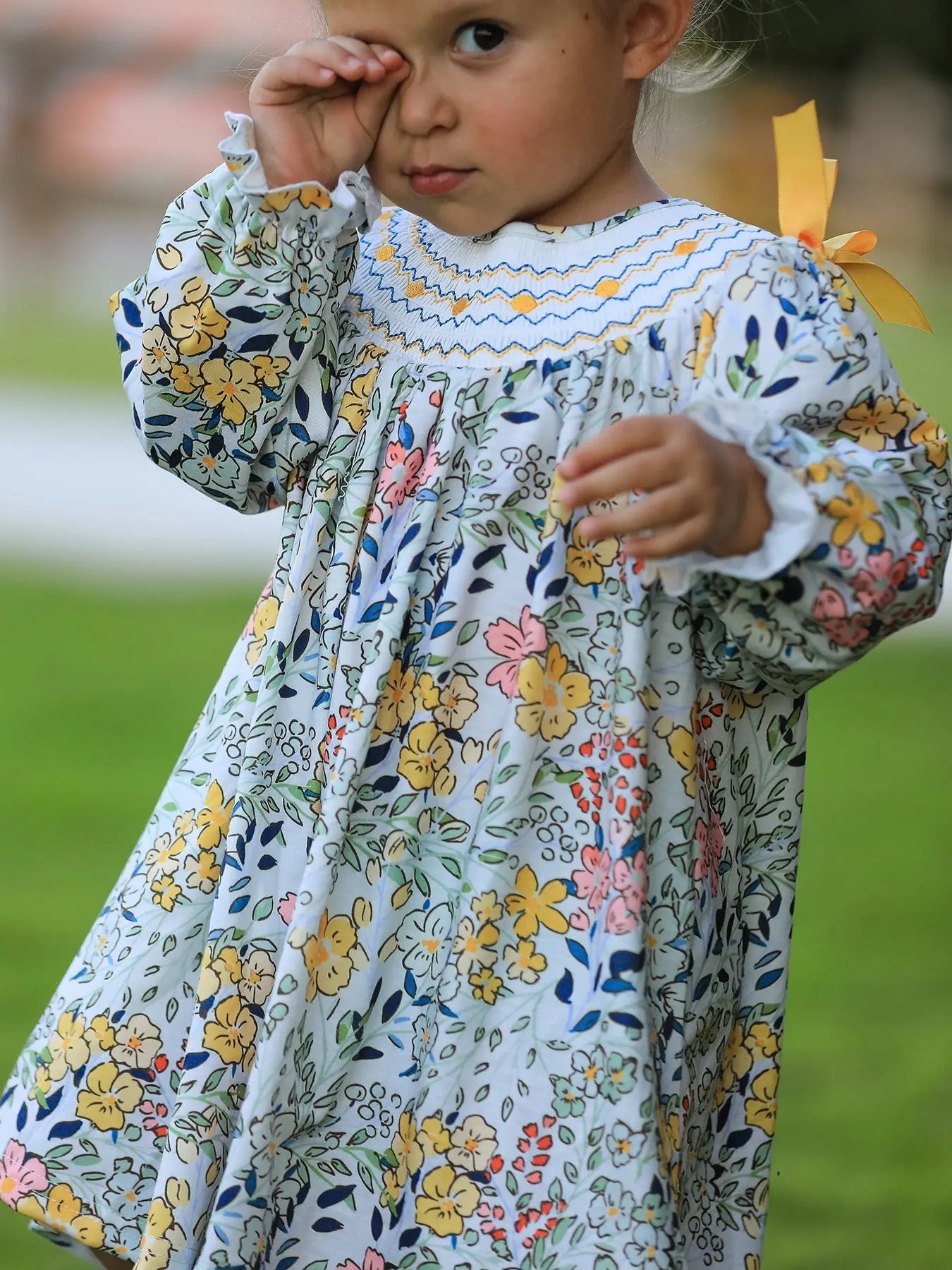 Rylee Faith Designs Fall Embroidery Smocking Bow Floral Leaf Baby Girls Dress - 