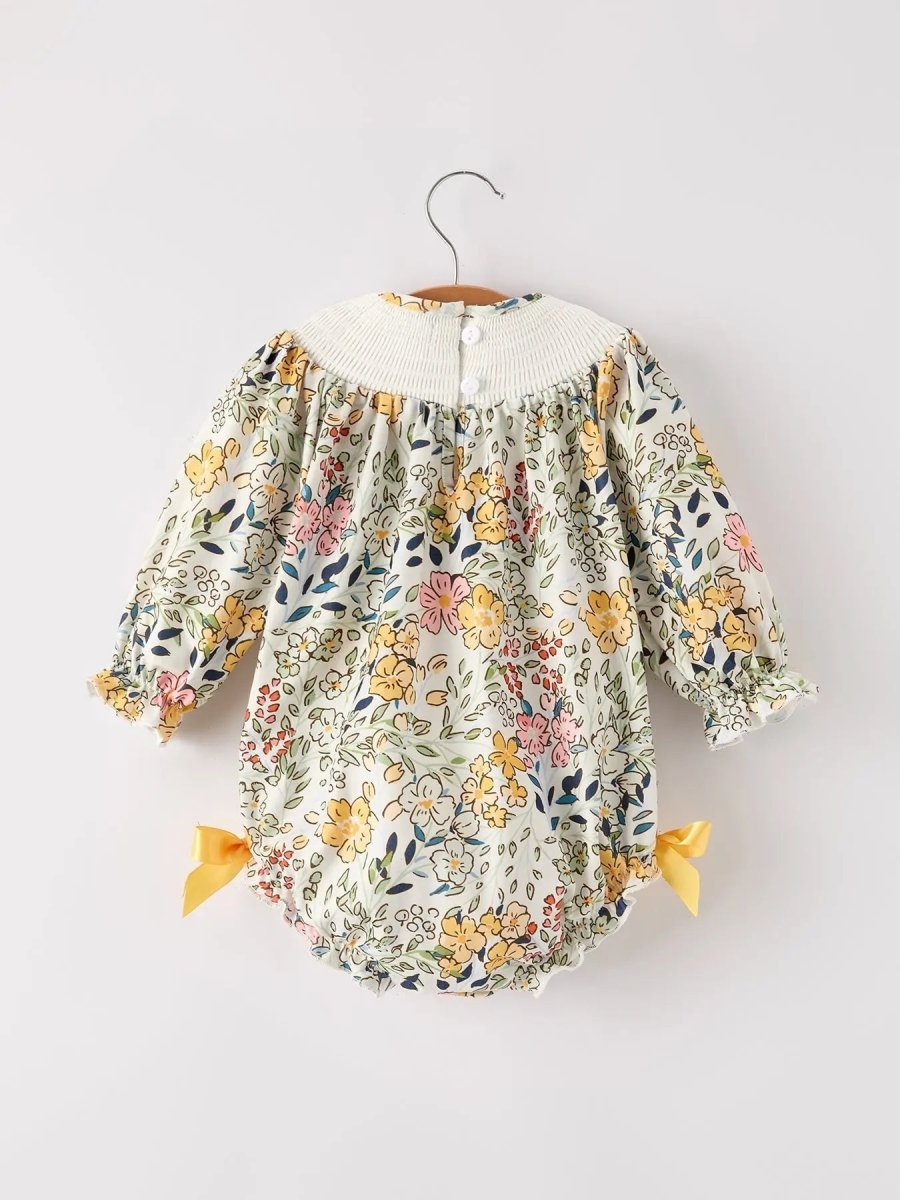 Rylee Faith Designs Fall Embroidery Smocking Bow Floral Leaf Baby Girls Romper - 