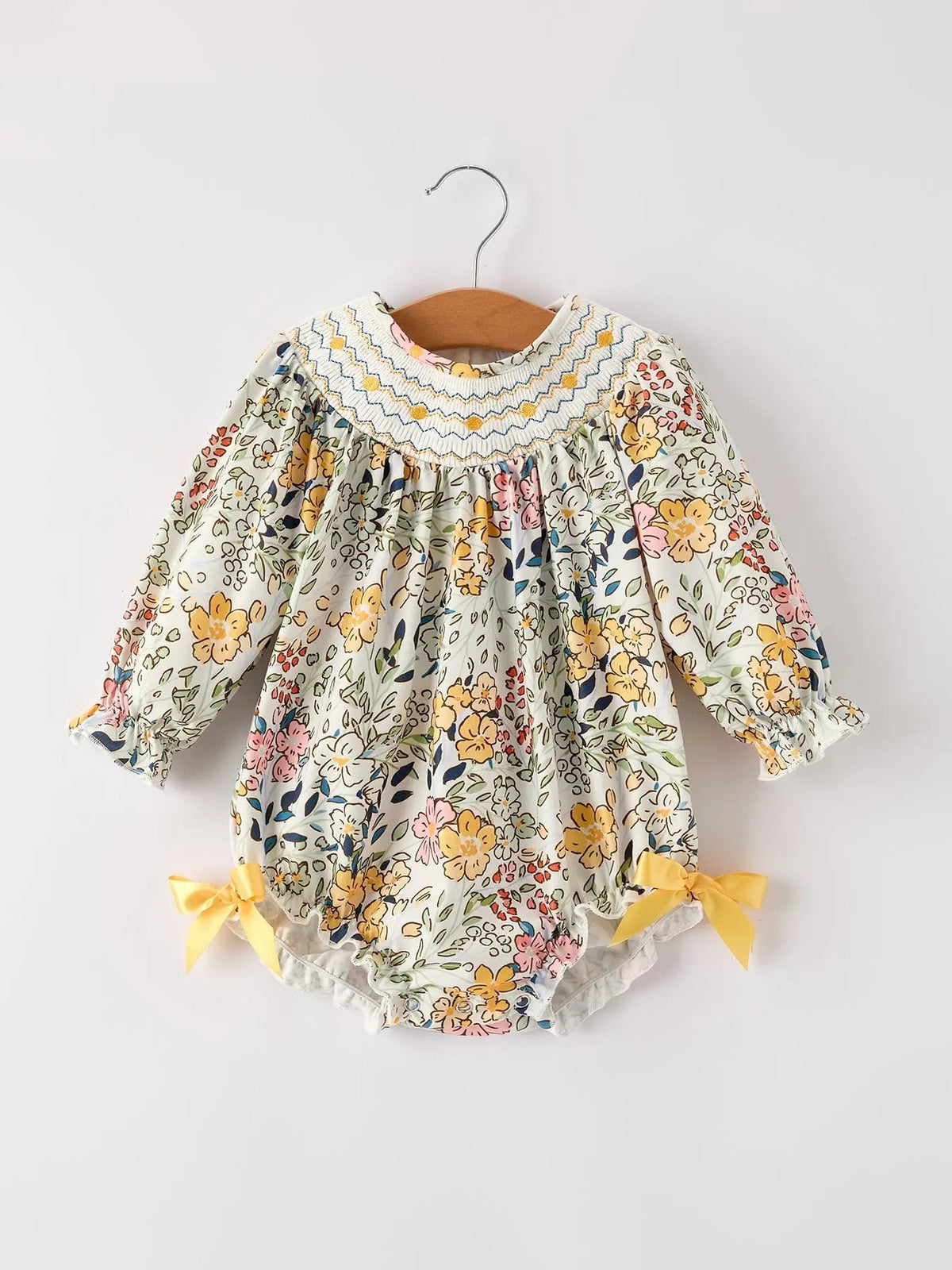 Rylee Faith Designs Fall Embroidery Smocking Bow Floral Leaf Baby Girls Romper - 