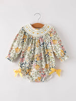 Rylee Faith Designs Fall Embroidery Smocking Bow Floral Leaf Baby Girls Romper - 