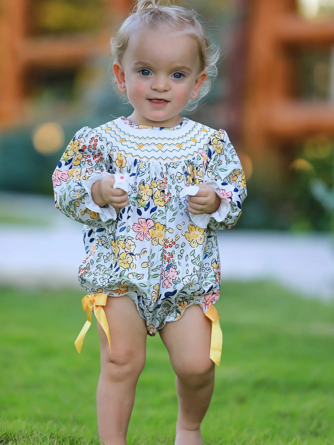 Rylee Faith Designs Fall Embroidery Smocking Bow Floral Leaf Baby Girls Romper - 