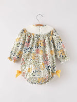Rylee Faith Designs Fall Embroidery Smocking Bow Floral Leaf Baby Girls Romper - 