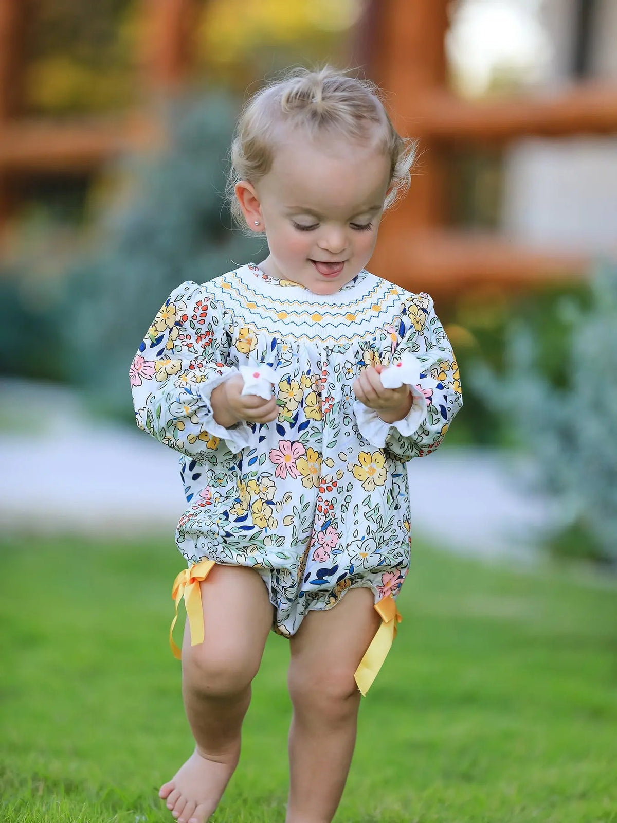 Rylee Faith Designs Fall Embroidery Smocking Bow Floral Leaf Baby Girls Romper - 