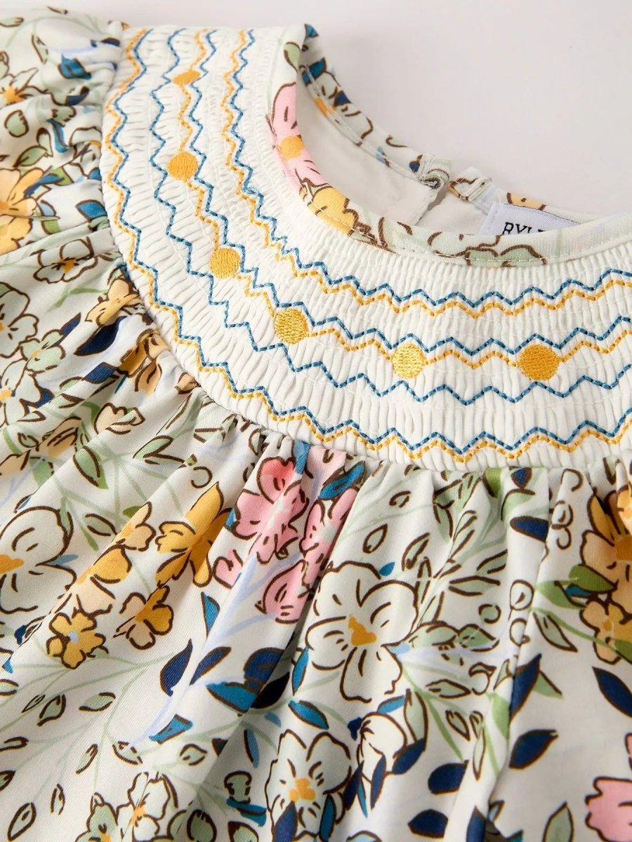 Rylee Faith Designs Fall Embroidery Smocking Bow Floral Leaf Baby Girls Romper - 