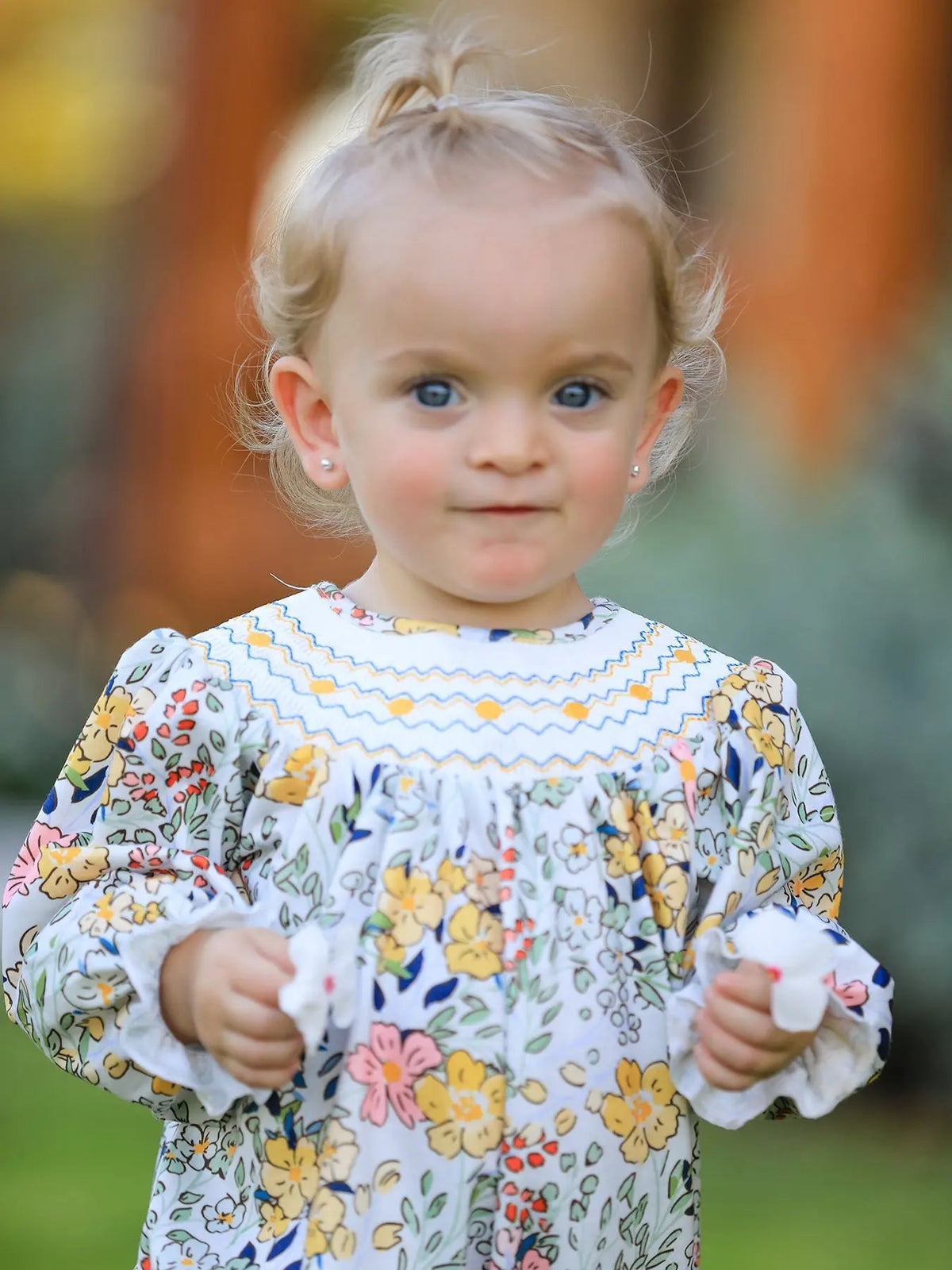 Rylee Faith Designs Fall Embroidery Smocking Bow Floral Leaf Baby Girls Romper - 