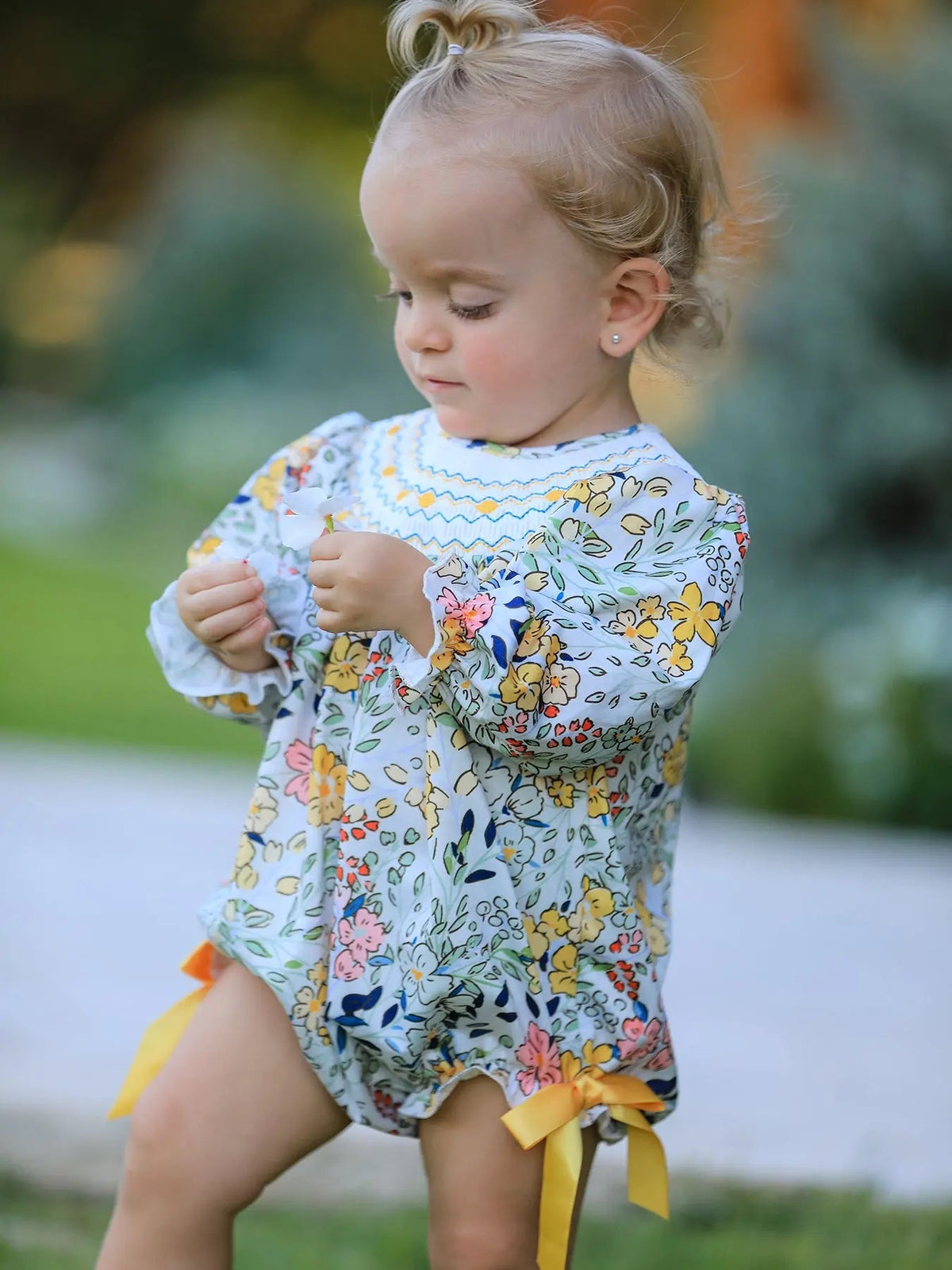 Rylee Faith Designs Fall Embroidery Smocking Bow Floral Leaf Baby Girls Romper - 