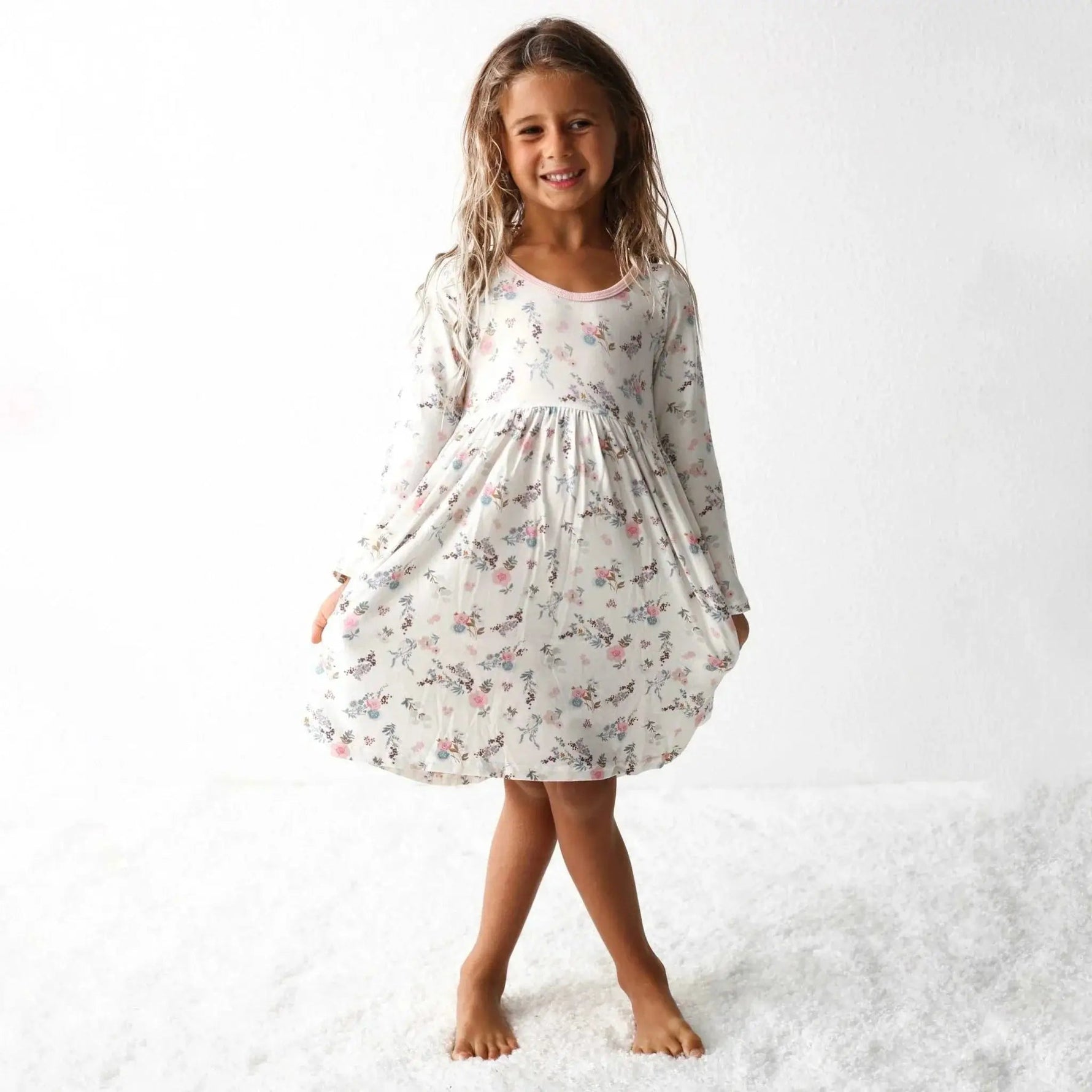 Bestaroo Fall Florals Cream Dress For Girls With Long Sleeve Twirl - 
