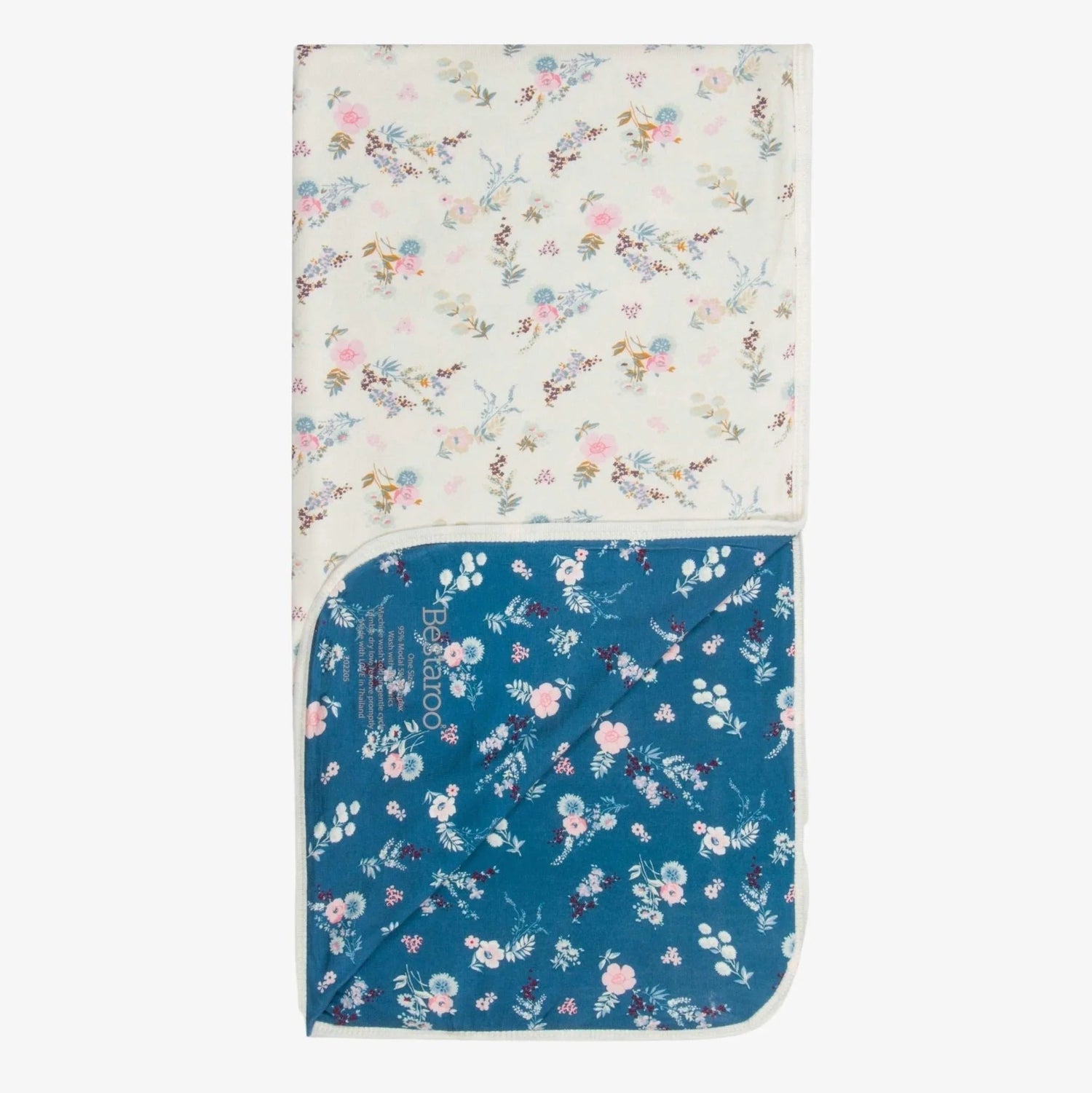 Cream and blue fall floral print baby swaddle blanket, reversible with double-sided design.