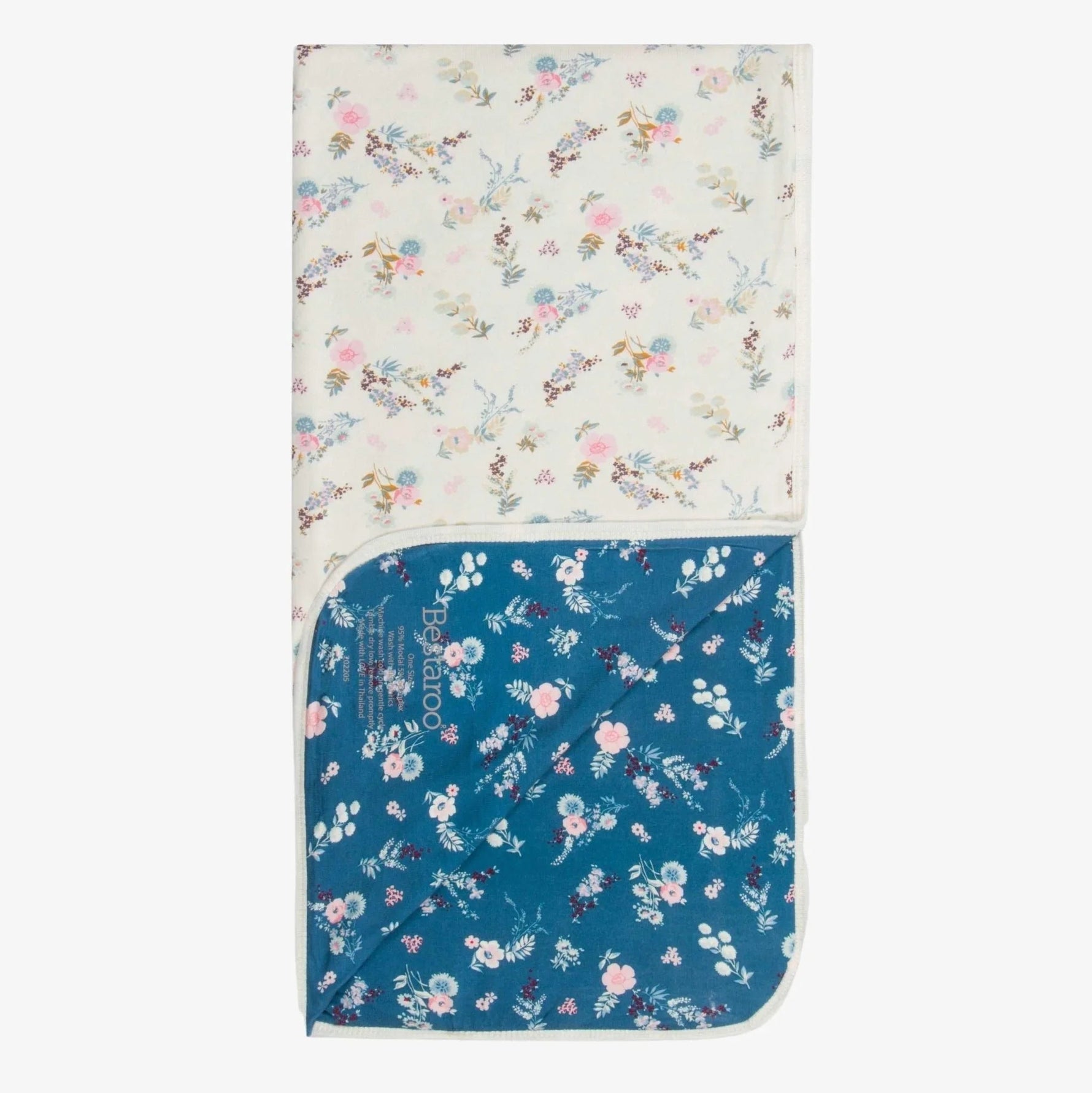 Cream and blue fall floral print baby swaddle blanket, reversible with double-sided design.