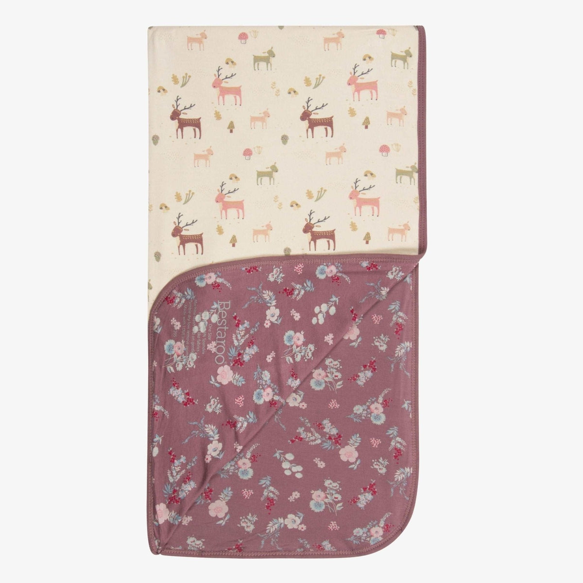 Mauve swaddle blanket printed with fall florals and winter deer, shown spread open.