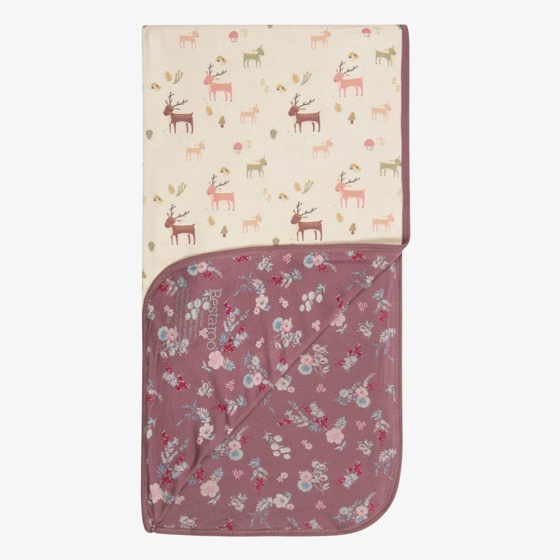 Mauve swaddle blanket printed with fall florals and winter deer, shown spread open.