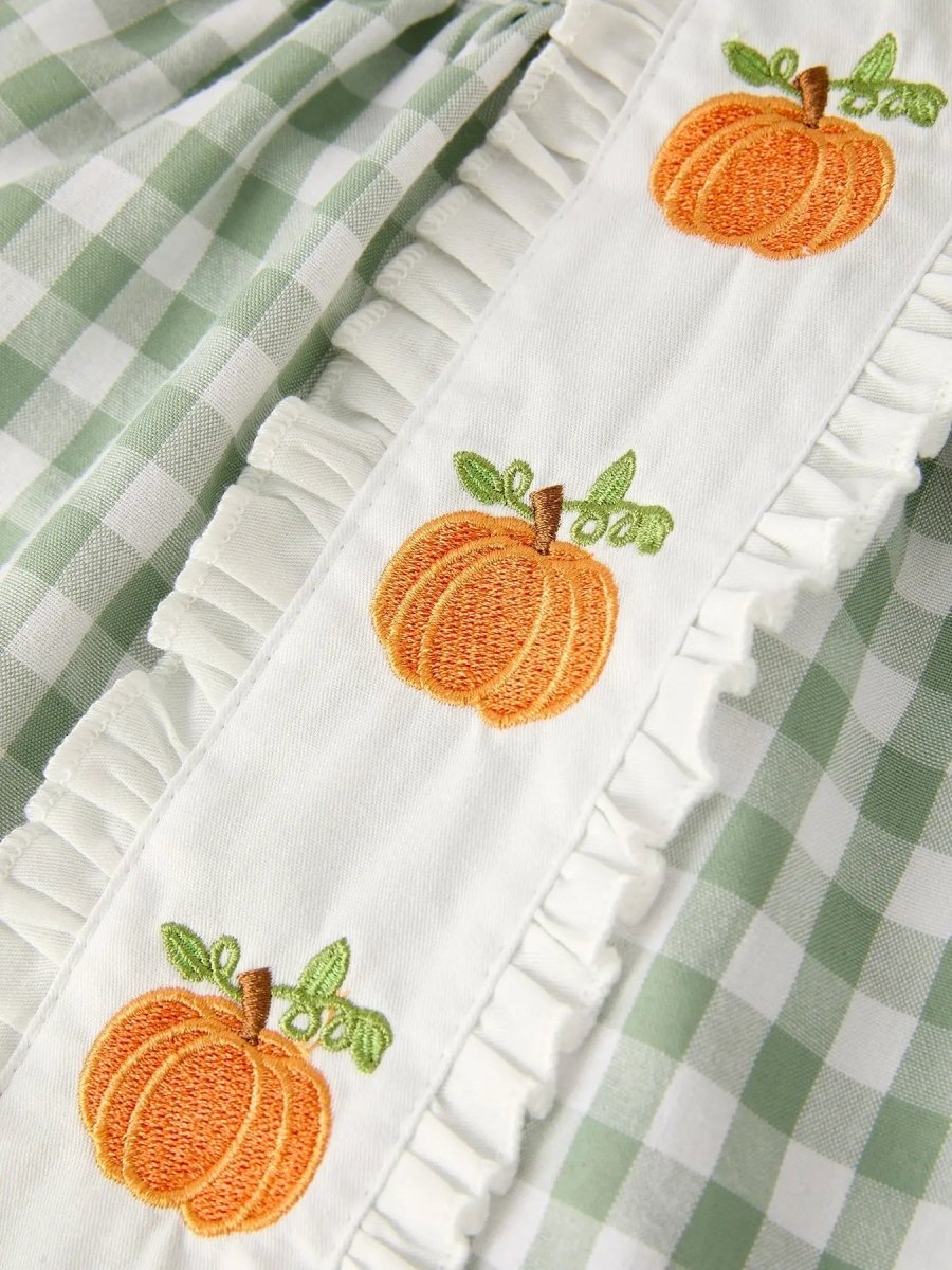 Rylee Faith Designs Fall Halloween And Thanksgiving Applique Plaid Girls Bloomers Romper Set - 