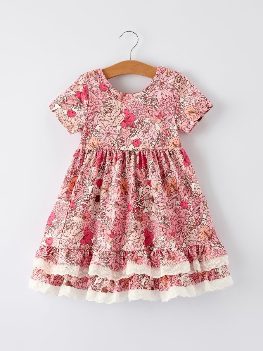 Rylee Faith Designs Fall Sweet Floral Pattern Dress with Pockets and Ruffle Hem for Girls - 
