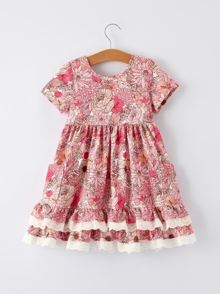 Rylee Faith Designs Fall Sweet Floral Pattern Dress with Pockets and Ruffle Hem for Girls - 