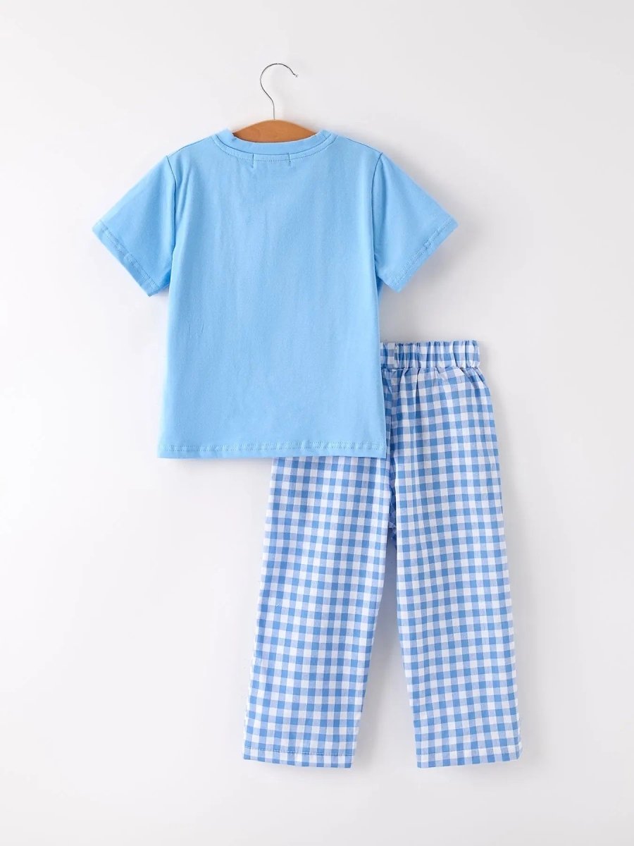 Rylee Faith Designs Fall Thanksgiving and Halloween Blue Pumpkin Smock Embroidery Baby Boy Set - 