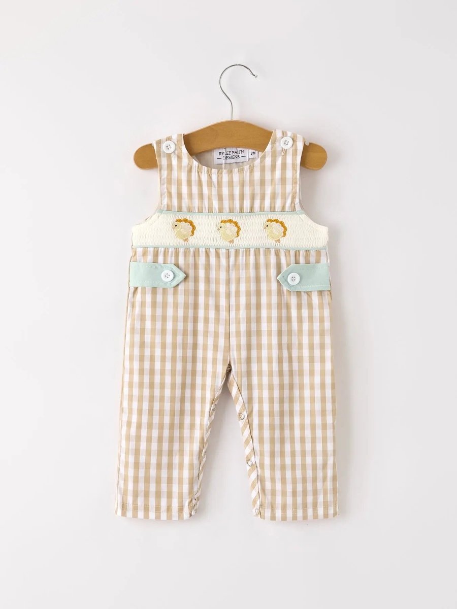 Rylee Faith Designs Fall Thanksgiving Apricot Plaid Chick Embroidery Smocking Baby Boys Romper - 
