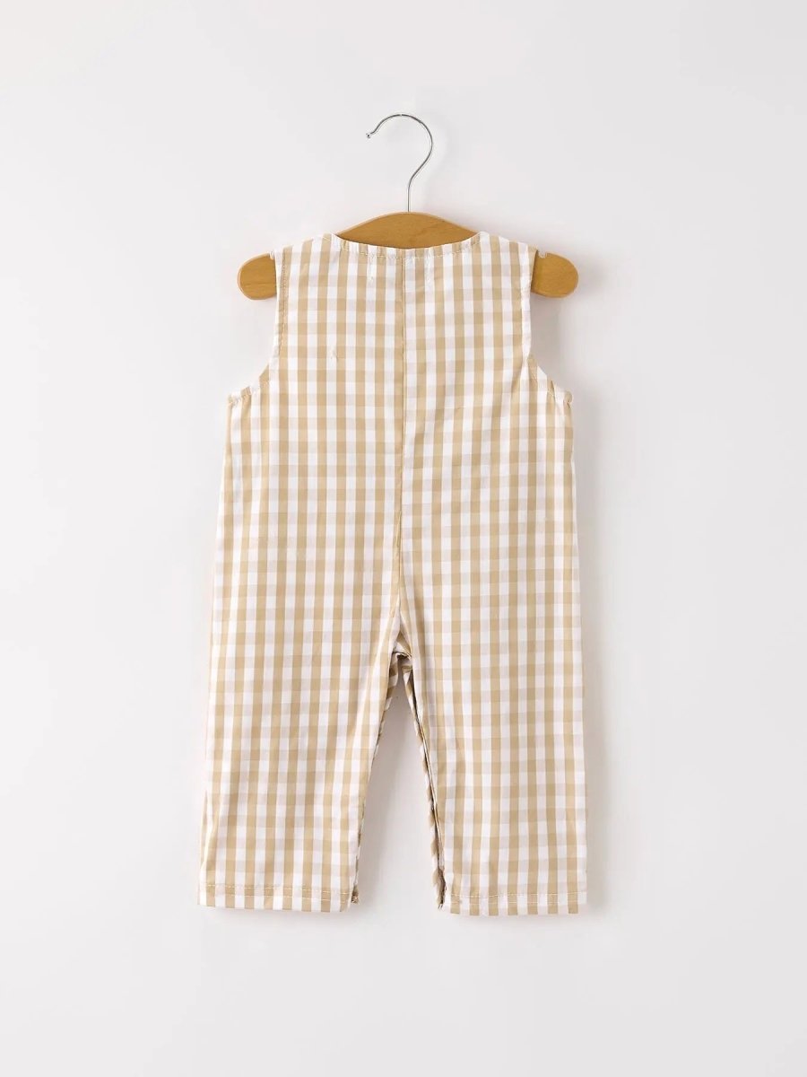 Rylee Faith Designs Fall Thanksgiving Apricot Plaid Chick Embroidery Smocking Baby Boys Romper - 