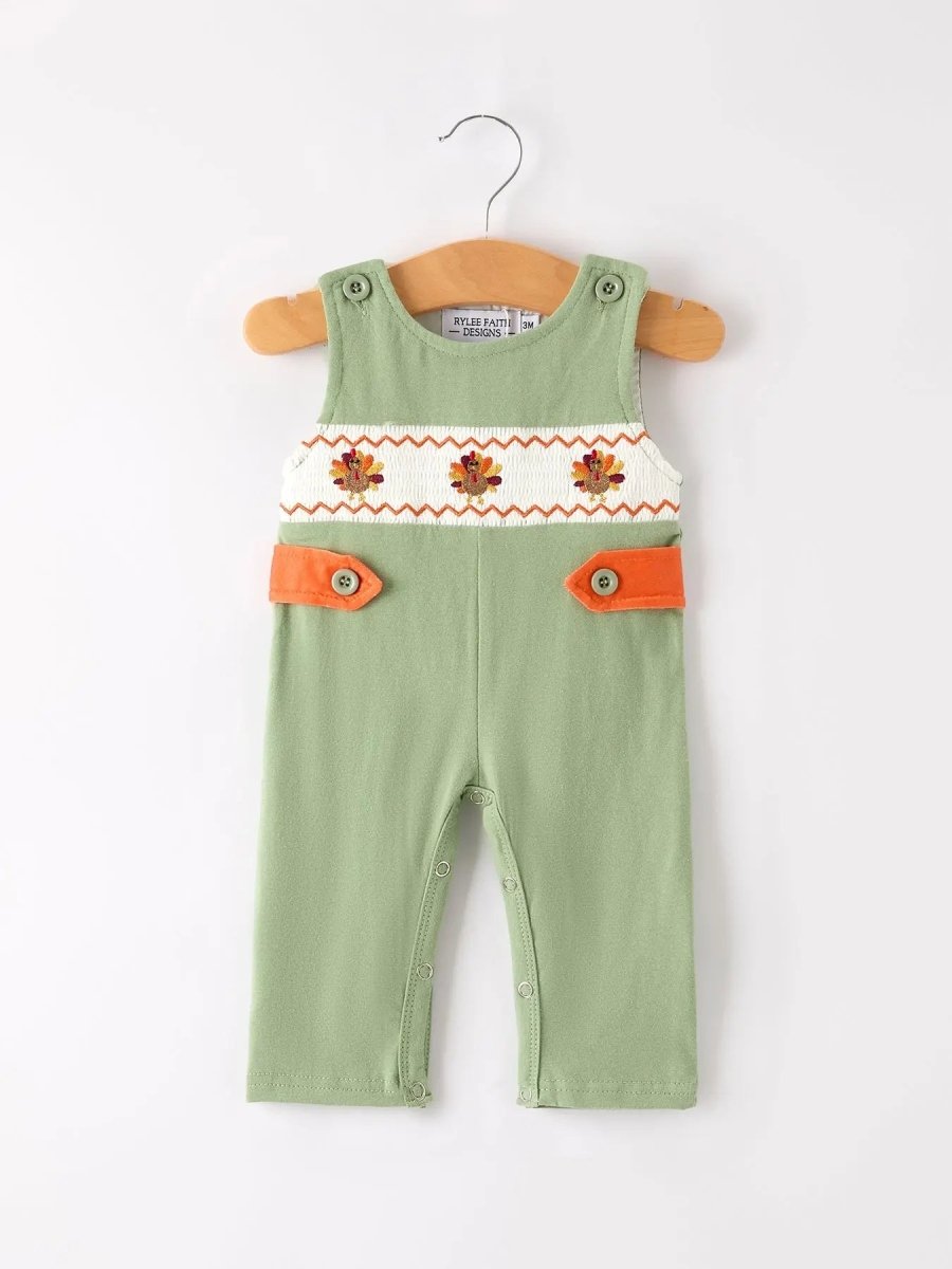 Rylee Faith Designs Fall Thanksgiving Chicken Smock Embroidered Green Boys Romper - 