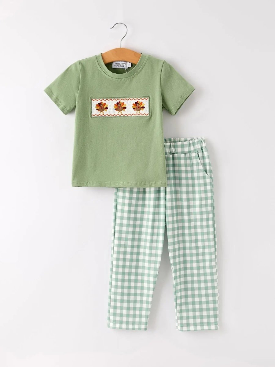 Rylee Faith Designs Fall Thanksgiving Chicken Smock Embroidered Green Plaid Boys Set - 