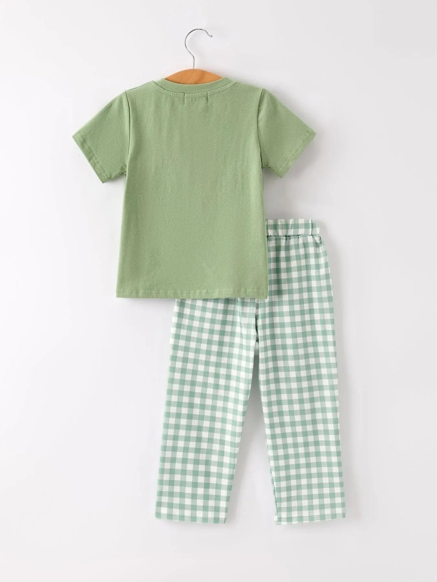 Rylee Faith Designs Fall Thanksgiving Chicken Smock Embroidered Green Plaid Boys Set - 