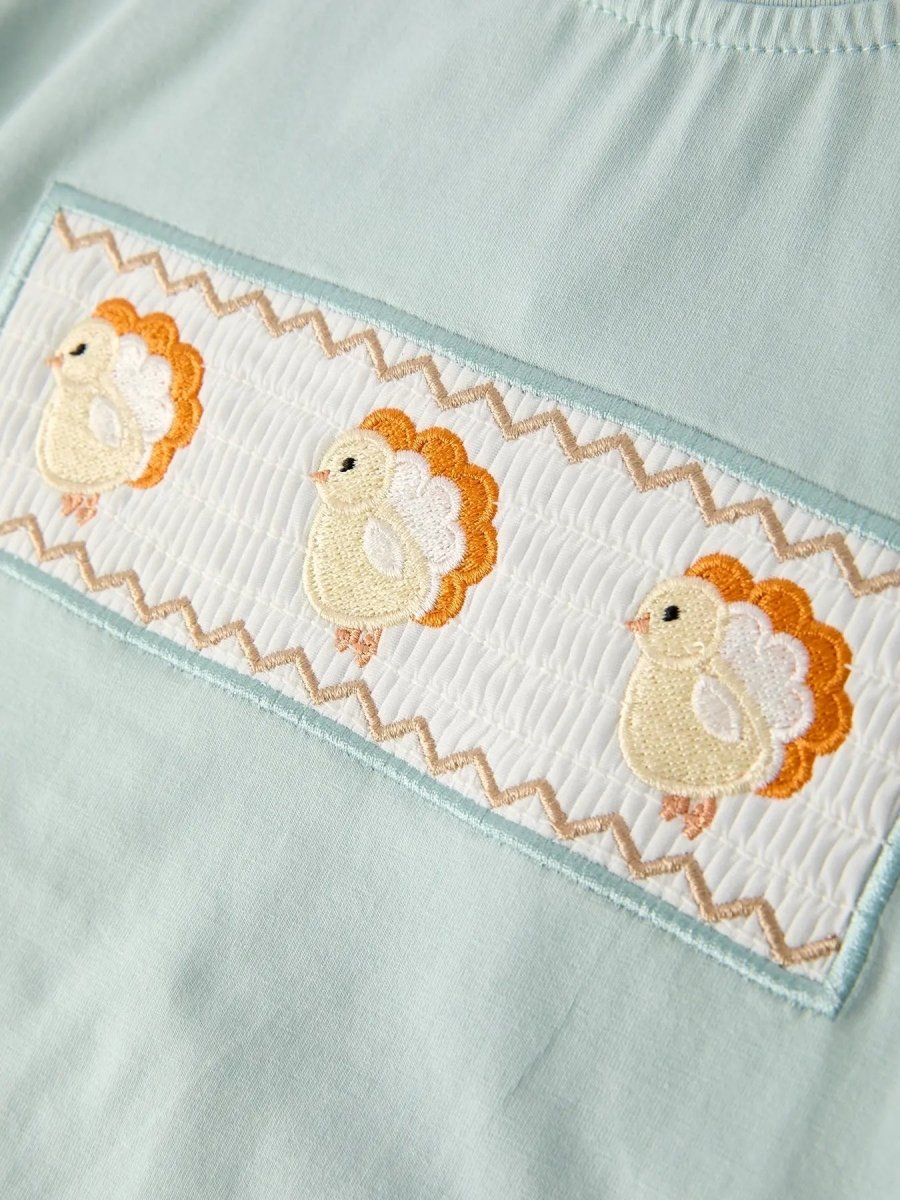 Rylee Faith Designs Fall Thanksgiving Plaid Chick Embroidery Smocking Boys Set - 