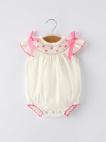 Rylee Faith Designs Fall White Baby Girls Romper with Pink Bow Embroidery - 