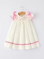 Rylee Faith Designs Fall White Girls Dress with Pink Bow Embroidery - 